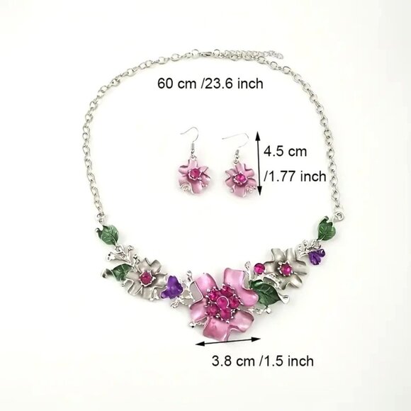 Necklace & Earring Set Flower Rhinestone Dangle Elegant Hollywood Glam Stylish - Picture 4 of 4